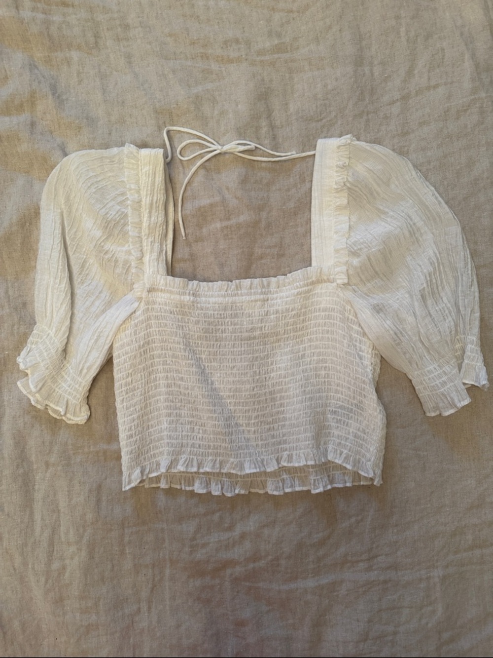 H&M White Smocked Square-Neck Crop Top with Puff Sleeves
